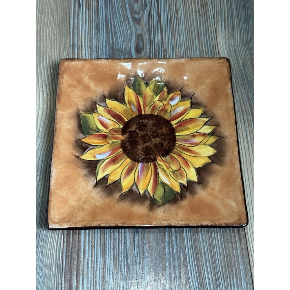 Clay Art Tuscan Sunflower Hand Painted Square Plate StoneLite Ceramic 8.25 Inch